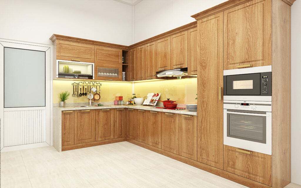 Thiết kế tủ bếp gỗ tự nhiên nhà chị Hằng  – Điện Biên