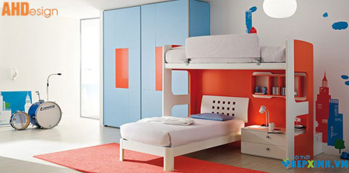 Nội thất phòng ngủ nhiều màu sắc, thích hợp với các em trai năng động